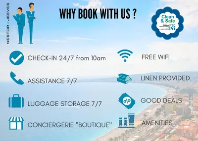 a diagram of why book with us at Nestor&Jeeves - CORAL SEA TERRACE - Central - Very close beaches in Nice