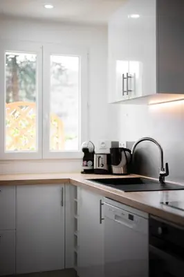 a white kitchen with a sink and two windows at Cosy & Chill Appartements - 10 min de la mer - Jardin, Netflix, terrasse, fibre & parking in Cagnes-sur-Mer