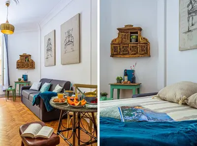 two pictures of a living room with a bed and a table at MY CASA - DIJON - Near Train Station - Malaussena in Nice