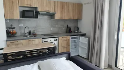 a small kitchen with wooden cabinets and a sink at COTE VILLAGE in Nice