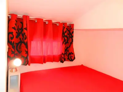 a bedroom with red curtains and a red carpet at Logement de Catherine in Nice