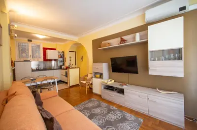 a living room with a couch and a tv at Joli 2 pièces climatisé à 150m de la plage in Nice