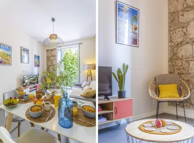 two pictures of a living room with a table with food on it at MY CASA - GAMBETTA 33 - 5min walk to beach in Nice