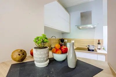 a kitchen counter with a bowl of fruit and a vase at MY CASA - GAMBETTA 33 - 5min walk to beach in Nice