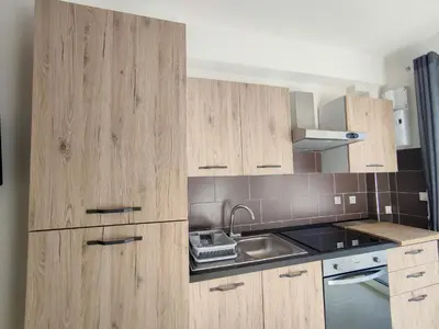 a kitchen with wooden cabinets and a sink at L'Ambre d'Or in Falicon