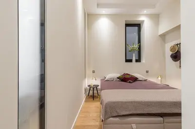 a bedroom with a bed and a walk in shower at Cosy Cocoon Place du Pin in Nice