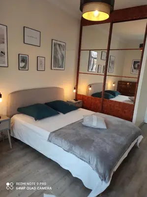 a bedroom with a large bed and a large mirror at Pretty and quiet top floor 2 bedroom flat in the port area of Nice in Nice