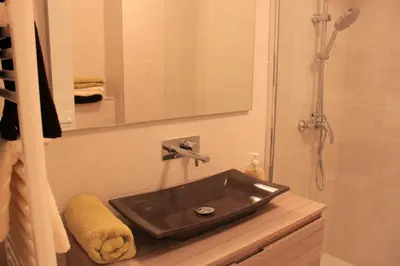 a bathroom with a sink and a shower at Azur 3000 in Saint-Laurent-du-Var