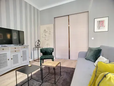 a living room with a couch and a tv at Nestor&Jeeves - VEGA GIOFFREDO - Hyper center - Close sea and Old Town in Nice