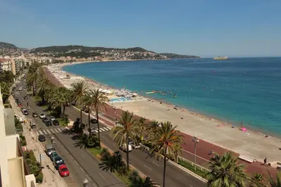a view of a beach with palm trees and the ocean at Appartement Front de Mer - Promenade des Anglais in Nice