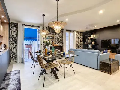 a kitchen and living room with a table and chairs at Nestor&Jeeves - LOU FRANCESCAN - Old Town - Close sea - Place St Francois in Nice