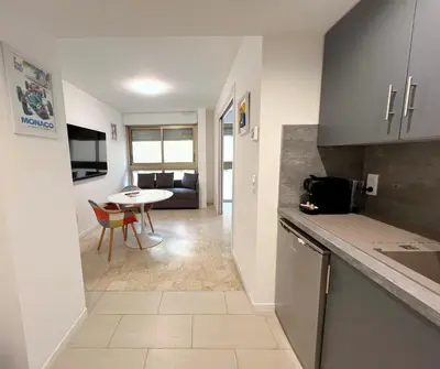 a kitchen and living room with a table and a room at Petit 2 pièces Carré d'Or in Nice