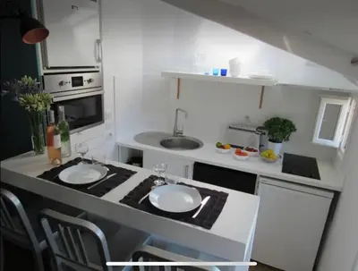 a small kitchen with a counter with two sinks at Homelivia, Lovely One bedroom flat Place GARIBALDI et PORT in Nice