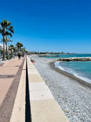 a beach with palm trees and people walking on it at Cocon douillet face à la mer de Cagnes sur mer in Cagnes-sur-Mer