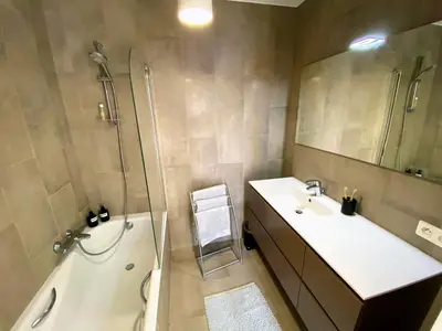 a bathroom with a sink and a shower and a tub at Sunny and calm 2 bed apartment place du Pin in Nice