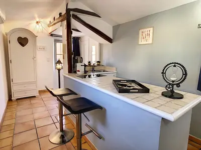 a kitchen with a counter with a sink and a stove at Le Mirador du Vieux Nice in Nice