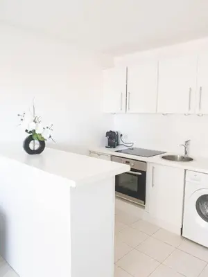 a white kitchen with a sink and a dishwasher at Résidence Les domes, Piscine in Nice