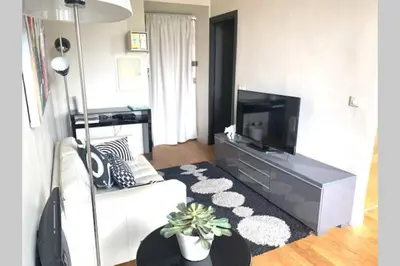 a living room with a white couch and a television at 18 Garibaldi in Nice