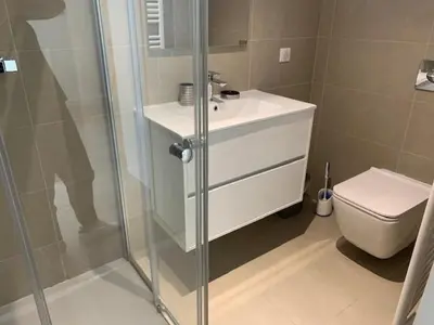 a bathroom with a shower and a sink and a toilet at Les Volets Bleus in Nice