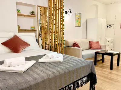 a bedroom with a bed and a living room at Cosy modern studio in the heart of Nice with AC in Nice