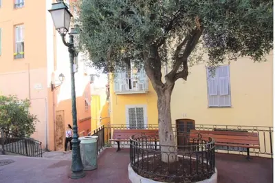 a tree and benches in front of a building at CHARMING APARTMENT NEAR THE BEACH in Villefranche-sur-Mer