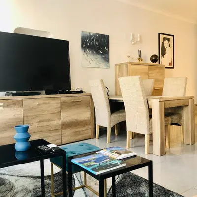 a living room with a television and a table with chairs at CHARMING APARTMENT NEAR THE BEACH in Villefranche-sur-Mer
