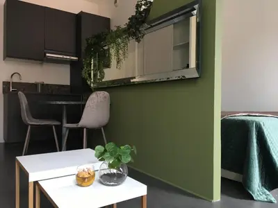 a living room with a green wall and a table at Palais Gioffredo place Massena in Nice