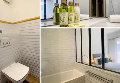 two pictures of a bathroom with a toilet and wine bottles at Nestor&Jeeves - REINE MARIE TERRASSE - Central - Very close sea - Top floor in Nice