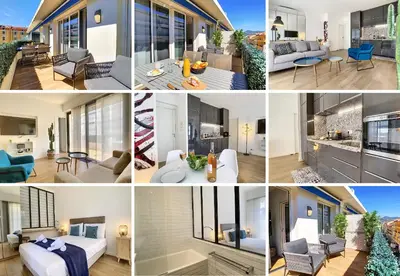 a collage of photos of a house at Nestor&Jeeves - REINE MARIE TERRASSE - Central - Very close sea - Top floor in Nice
