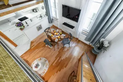 an overhead view of a dining room and kitchen in a house at MY CASA - PONT VIEUX - Duplex Old Town Near Place Rossetti in Nice