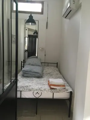 a bed in a room with a mirror at Cozy house with parking and garden in Nice