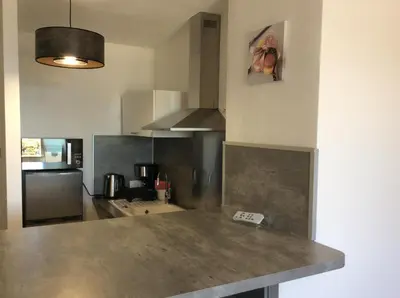 a kitchen with a stainless steel counter top at Poseidon in Cagnes-sur-Mer
