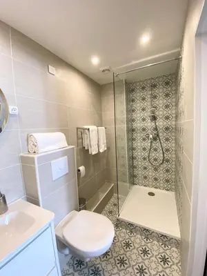 a bathroom with a shower and a toilet and a sink at Maison de la Marine in Cagnes-sur-Mer