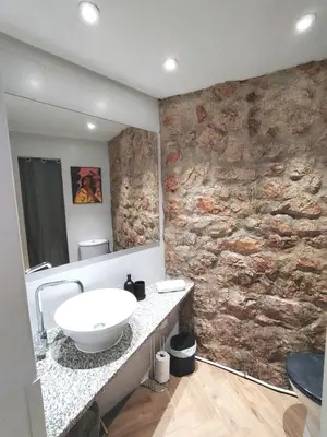 a bathroom with a sink and a stone wall at 35m2, luminous loft close to the beach in Villefranche-sur-Mer