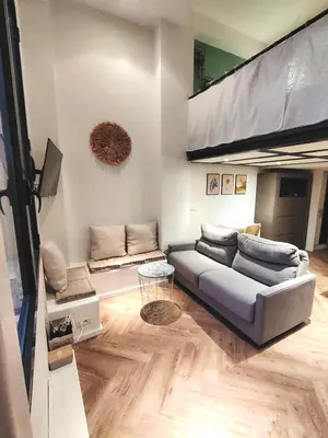 a living room with a couch and a tv at 35m2, luminous loft close to the beach in Villefranche-sur-Mer