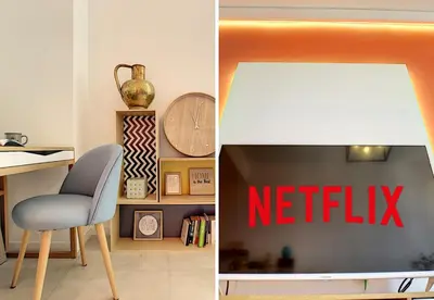 a room with a desk and a chair and a netflix sign at Nestor&Jeeves - ALBERT 1ER DESIGN - Hyper center - Very close sea and pedestrian zone in Nice