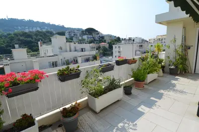 a balcony filled with potted plants on a building at PHOENIX - Appartement 4 personnes avec superbe terrasse, clim et parking le port de Nice in Nice