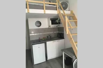 a small kitchen with a bunk bed and a ladder at Superbe studio sur Nice in Nice