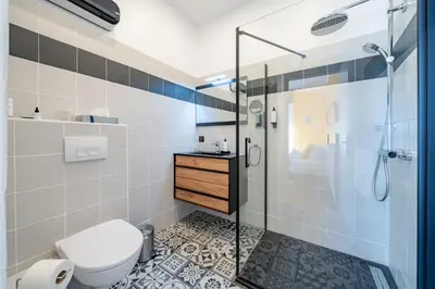 a bathroom with a shower and a toilet at Studio de la plage - Mer, Terrasse et garage in Cagnes-sur-Mer