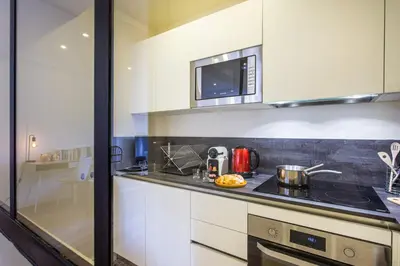 a kitchen with a stove and a microwave at JJ8 - MAGNIFIQUE 3PIECES, ENTIEREMENT RENOVE, CLIM, VIEUX-NICE in Nice