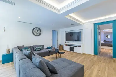 a large living room with a couch and a tv at Luxury 3 Bdr Garden & Parking - Angels' Garden in Nice