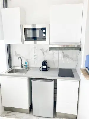 a white kitchen with a sink and a microwave at Halévy Résidence in Nice