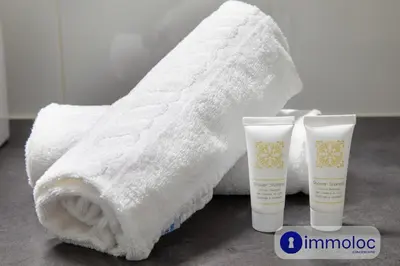 a towel and two bottles of lotion on a bathroom counter at Hyper central studio 2 minutes walk from 
