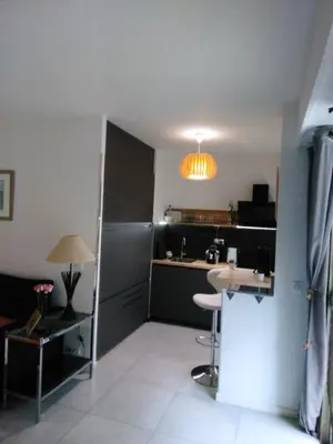 a room with a kitchen with a table and a lamp at NICE- GAIRAUT - JARDIN PRIVE- GRAND F1 LUMINEUX-Piscine Collective in Nice