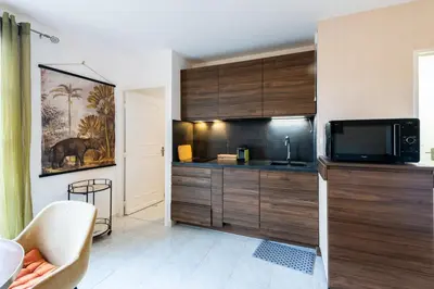 a kitchen with wooden cabinets and a tv at La Providence in Nice
