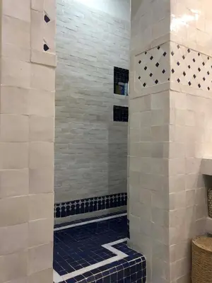 a bathroom with a shower with a blue tile floor at Petit Palace in Old Nice in Nice