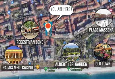 a map of a city with different places on it at Nestor&Jeeves - CACTUS RIVIERA - Hyper center - Very close sea and Place Massena in Nice