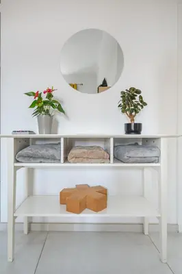 a white shelf with two plants and a mirror at Mer et Soleil - Carré d'or - 4 piéces - Centre ville - Plages à 300 m in Nice