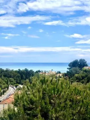 a view of the ocean from a palm tree at Appartement Luxe - 3 pièces avec vue mer, piscine et tennis in Nice