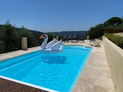 a swimming pool with two swans in the water at Villa avec piscine chauffée Nice collines in Nice